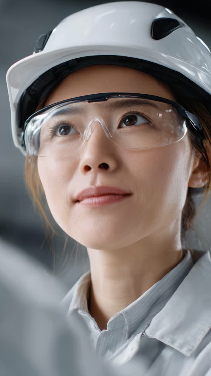 Ingegnere donna concentrata con dispositivi di sicurezza, guarda in alto con determinazione mentre pianifica i dettagli del progetto in un ambiente industriale, a simboleggiare l'innovazione e la forza