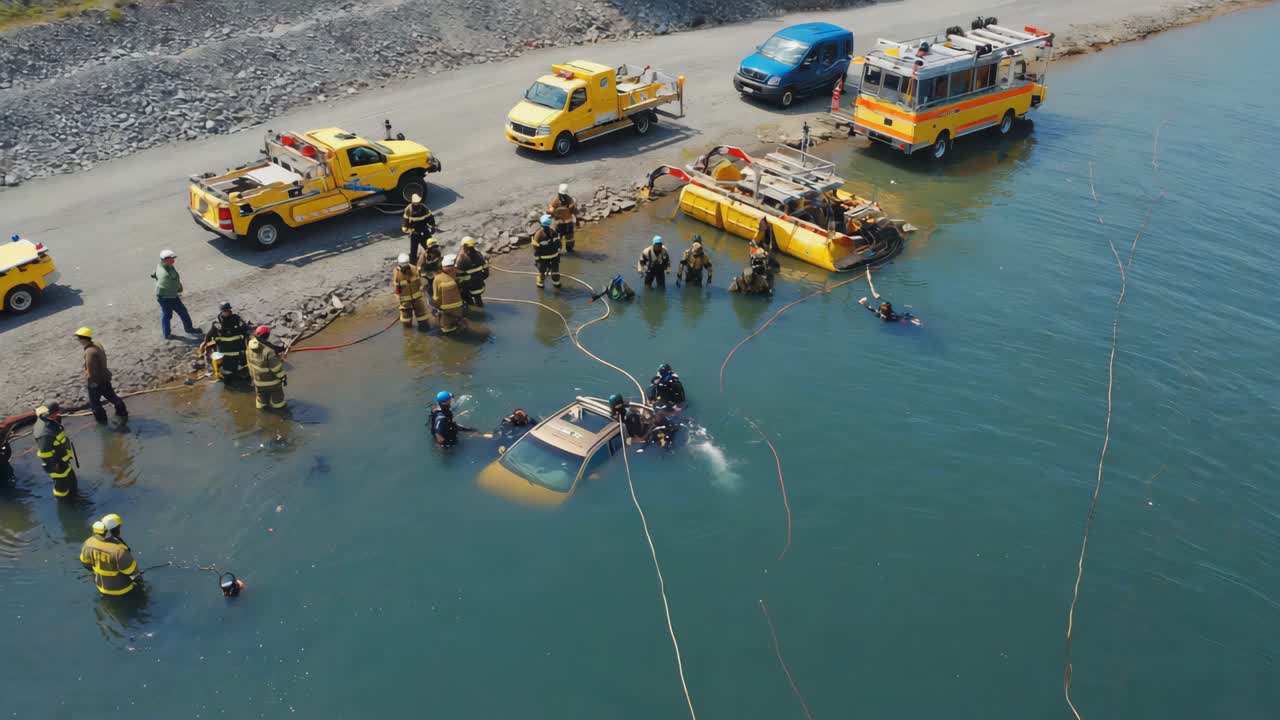 Firefighters and Divers Performing a Water Rescue Operation