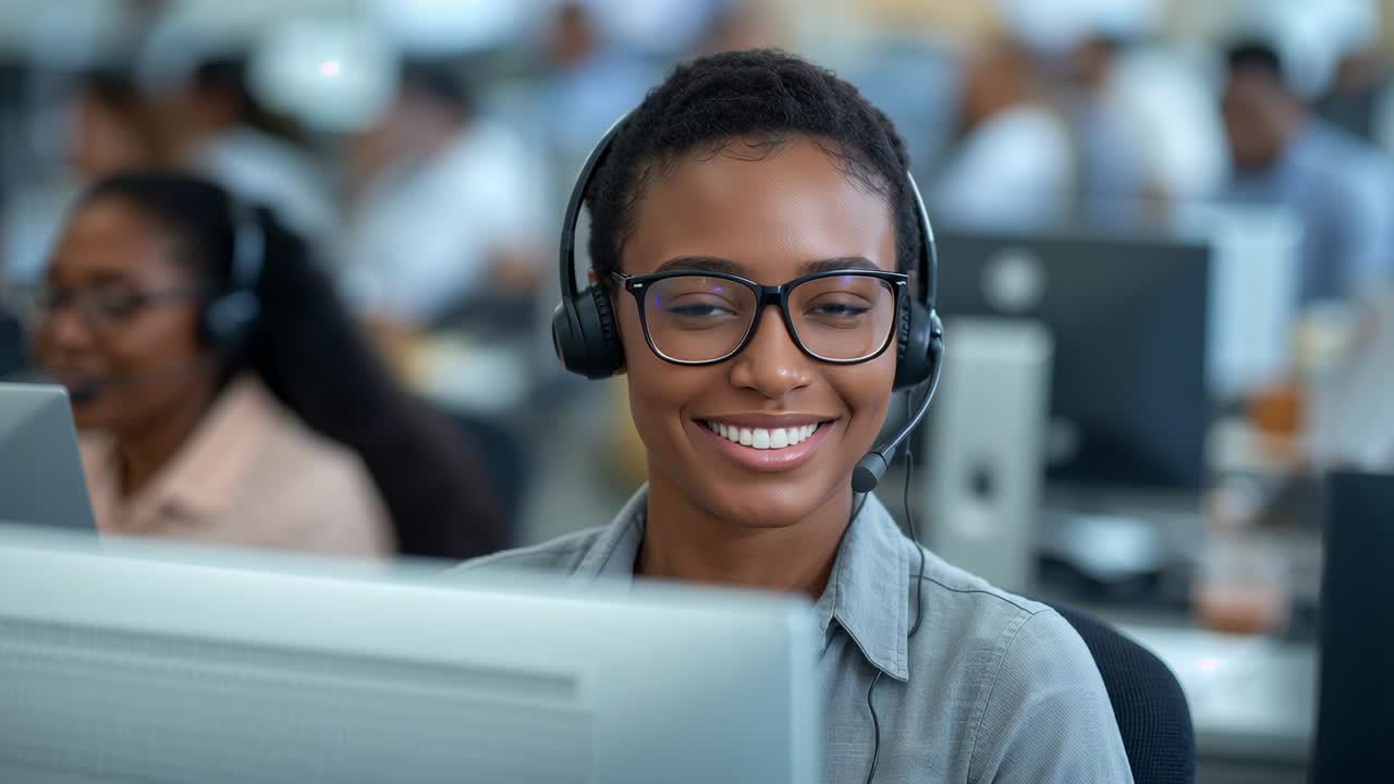 Call center agent receiving incoming call in office, listening via headset and assisting customer
