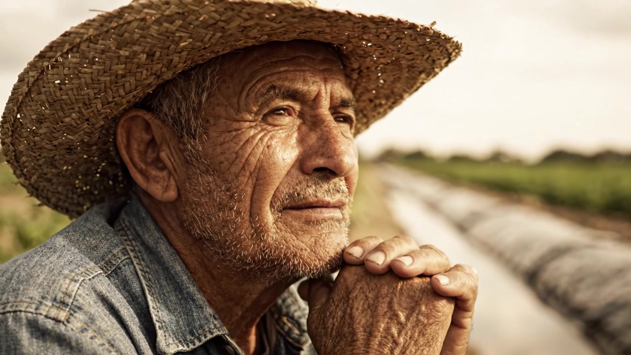 Uno sguardo contemplativo: un contadino segnato dal tempo che indossa un cappello di paglia, riflettendo sulla vita e sul lavoro mentre osserva un vasto paesaggio agricolo ricco di colture