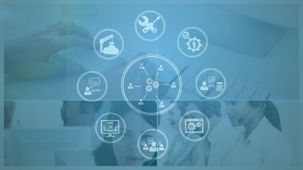 animación de la red de conexiones con iconos sobre personas de negocios que usan auriculares telefónicos