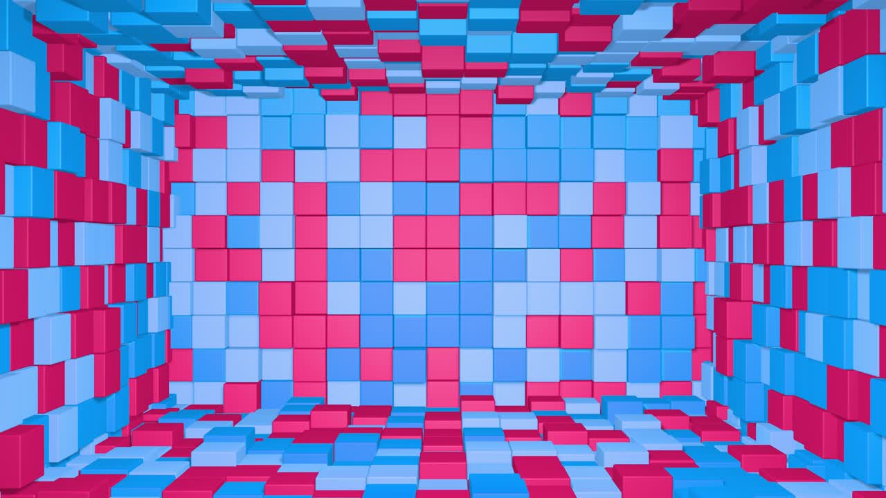 interior de la habitación abstracta con cubos rosados azules. cubo de caja fondo geométrico aleatorio. fondo de mosaico de píxeles cuadrados. bloques de tierra. maqueta para su proyecto. bucle de animación 3d de 4k