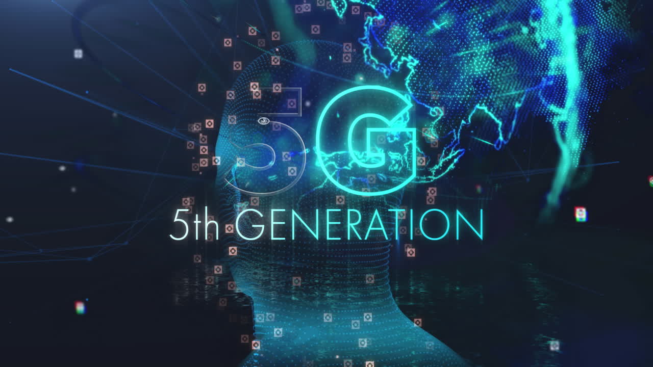Animace textu 5G 5. generace nad rotující lidskou hlavou a glóbusem v pozadí