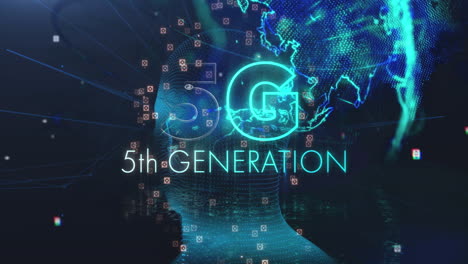 animation of 5g 5th generation text over human head spinning and globe in background