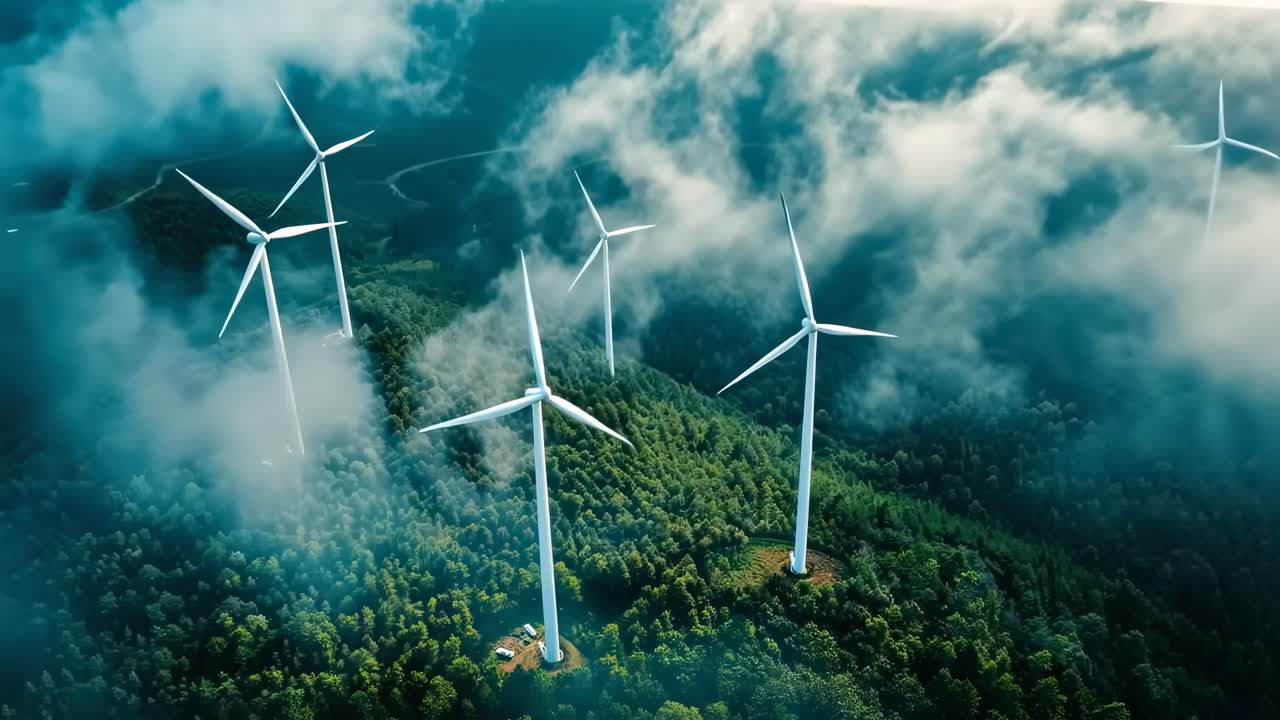 Aerial video view of wind turbines amidst clouds over lush forest, showcasing renewable energy