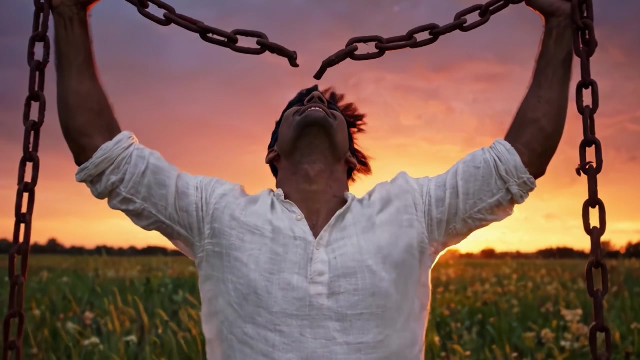 A Young Man Holds Chains Against a Beautiful Sunset in a Field, Symbolizing Freedom and New Beginnings as the Day Transitions into Night