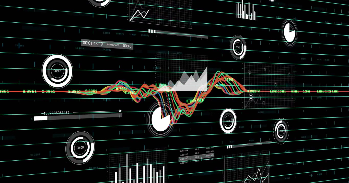 Upon startup visualization animating waveform rising dials spinning charts showing live analytics