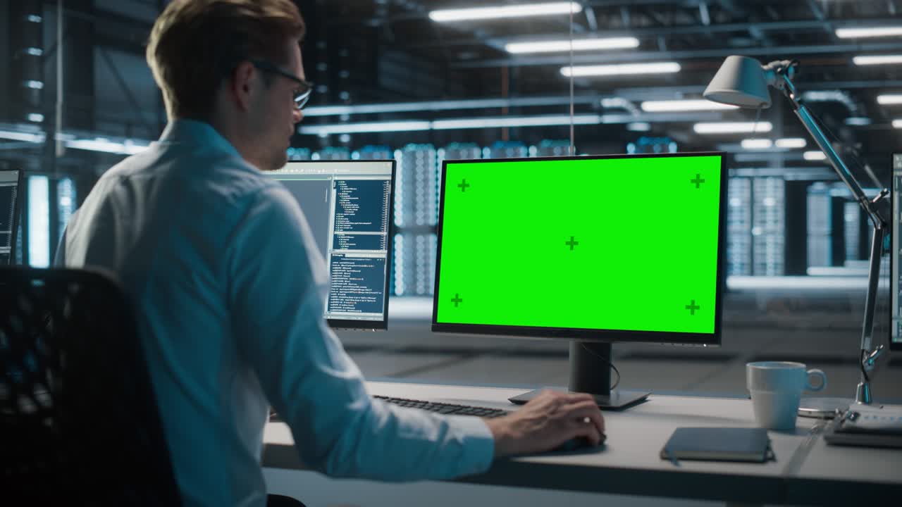 servidor de centro de datos de alta tecnología: administrador especialista que trabaja en una pantalla verde computadora clave de croma. monitoreo de servicios web, computación en la nube, instalación de análisis, mantenimiento de seguridad cibernética