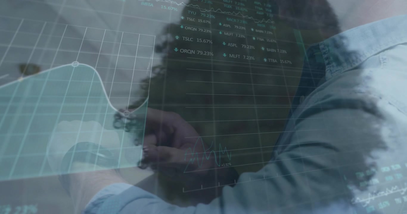 Woman raising smartwatch activating health graph interface while doctor feed guiding checkup