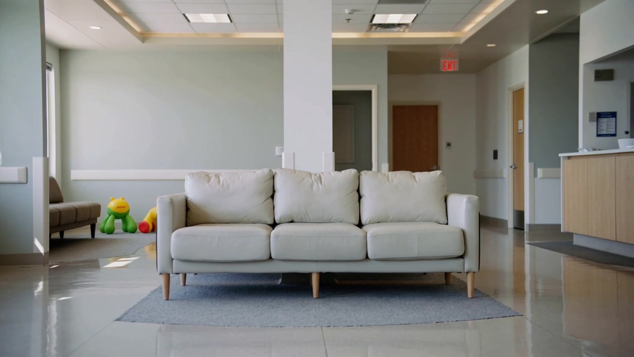Recording camera filming three-seat cream sofa on gray rug in reception for security, showing toys