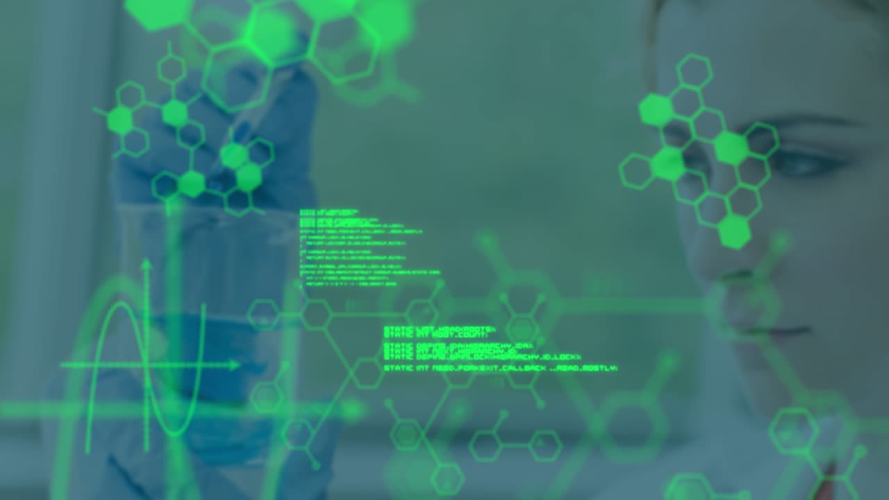 Animation of data processing and chemical formula over caucasian female scientist