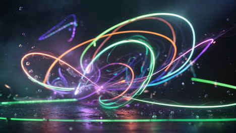dynamic neon light trails with water droplets
