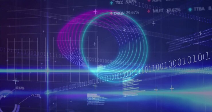 Animation of neon spiral shapes in seamless pattern over statistical, stock market data processing
