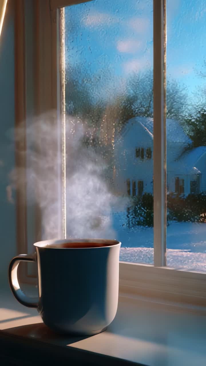 A Cozy Winter Scene: A Steaming Mug of Hot Beverage by the Frosted Window, Offering a View of Snow-Covered Landscapes and Soft Morning Light Reflecting on a Serene Chill