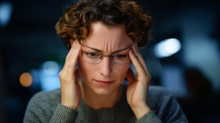 Anxiety and Stress: A Woman with Curly Hair Experiences Overwhelming Pressure while Holding Her Head in Frustration in a Dimly Lit Room