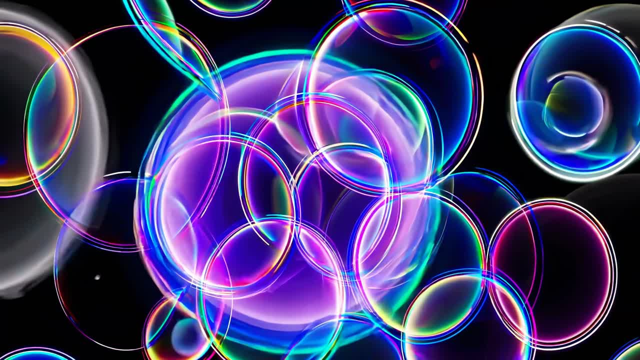 Bolle di sapone colorate si sovrappongono su uno sfondo scuro, catturate da un'angolazione dall'alto