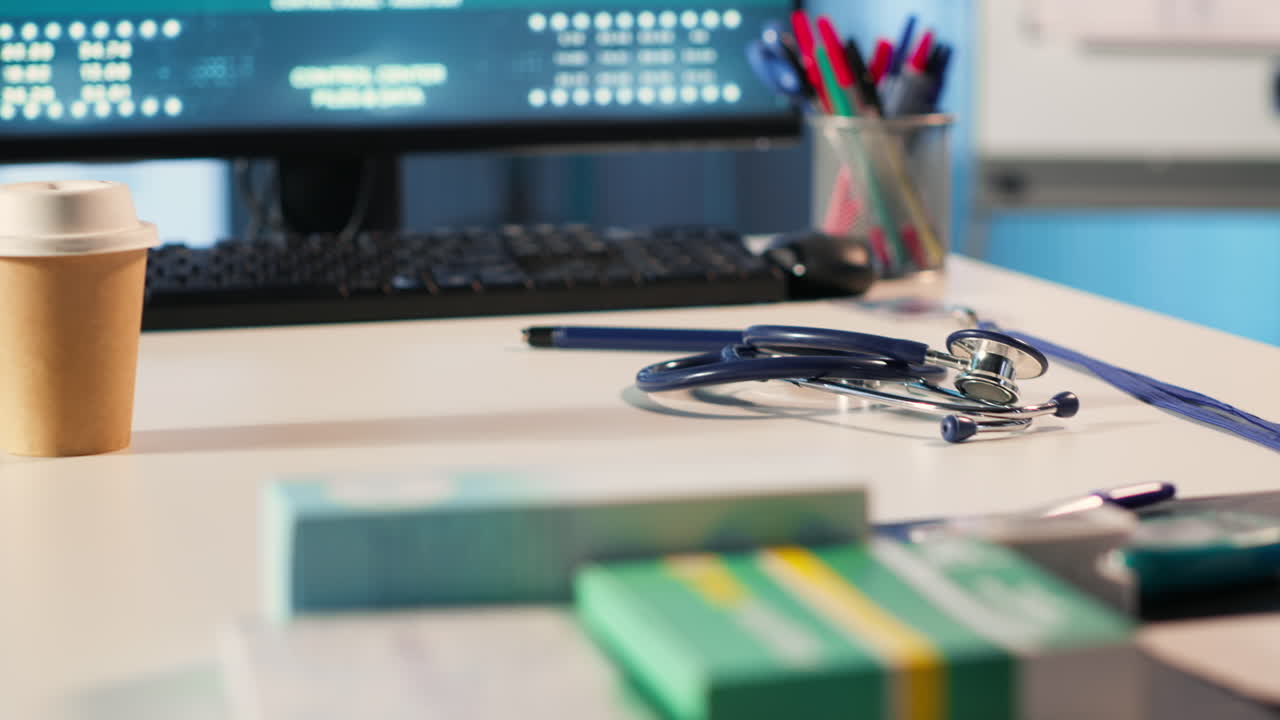 Vertical Video Empty medical cabinet at the clinic with a computer and diagnostic tools