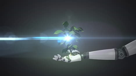 animación de una planta en crecimiento en la mano del brazo del robot, con luz en movimiento en un fondo oscuro