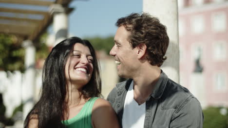 closeup of beautiful multiracial couple enjoying sunny day.
