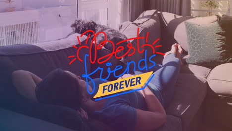 animation of best friends forever text over caucasian woman lying with dog