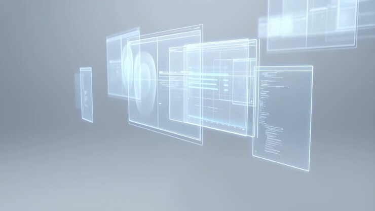 Futuristische holografische UI-schermen en data-analyse.