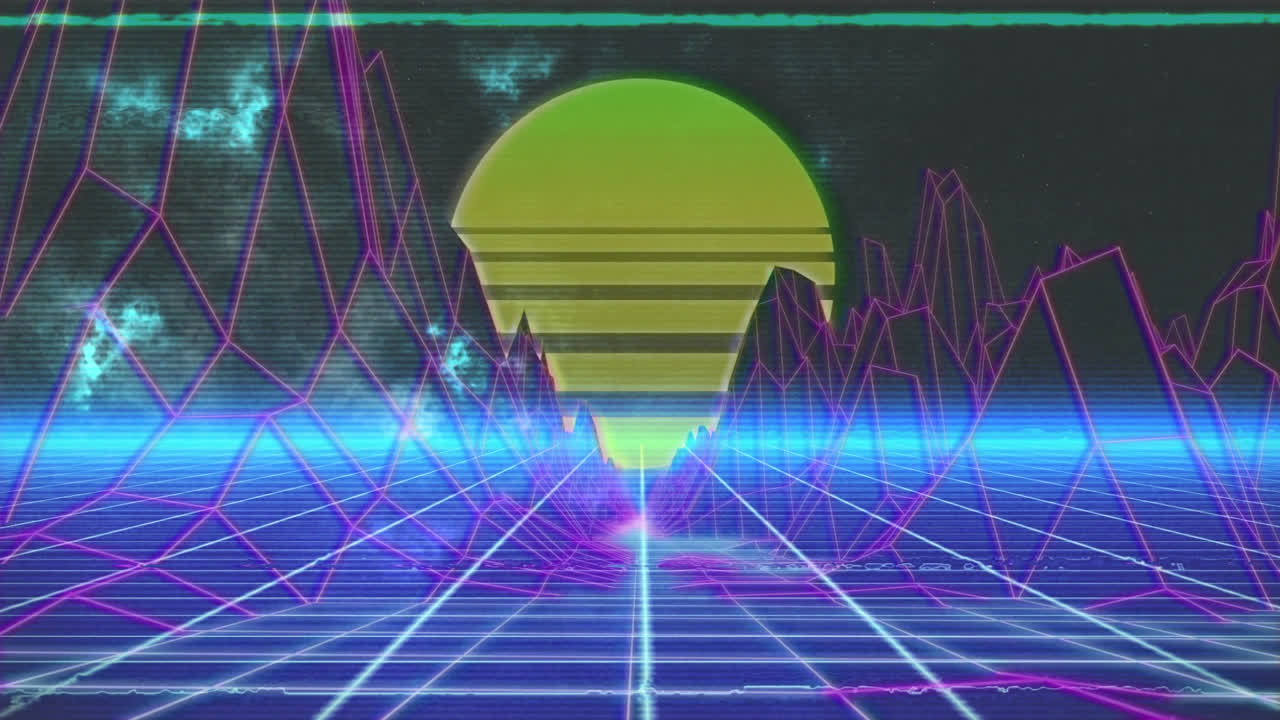 디지털 풍경 및 태양 오버 그리드의 애니메이션