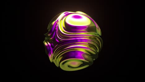 representación abstracta en 3d de una esfera metálica con resaltos púrpuras y doradas