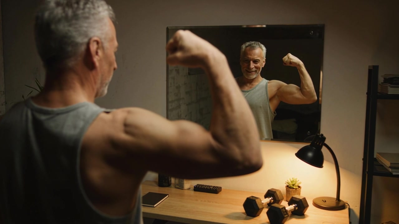 Checking progress, senior man wearing gray tank flexing, posing at home desk with mirror dumbbells