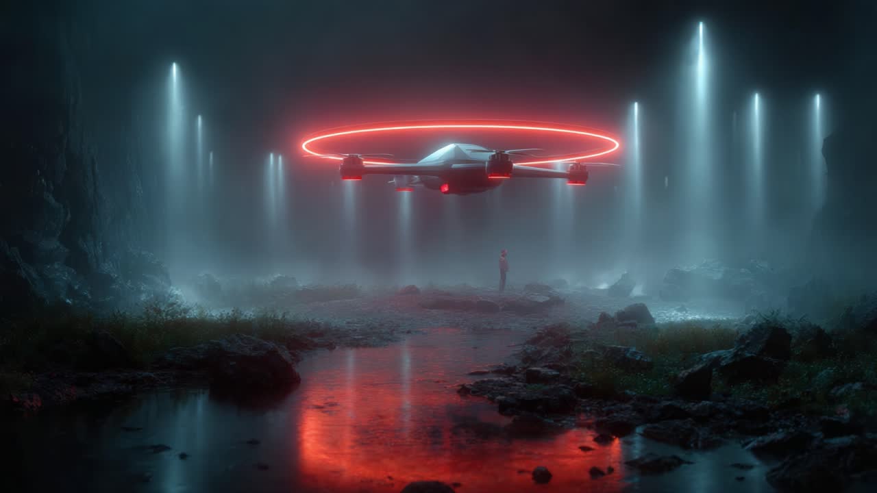 A Mysterious Encounter: In a Foggy Cave, a Lone Figure Stands Beneath a Floating, Futuristic Drone Surrounded by Eerie Lights and Reflections in Water