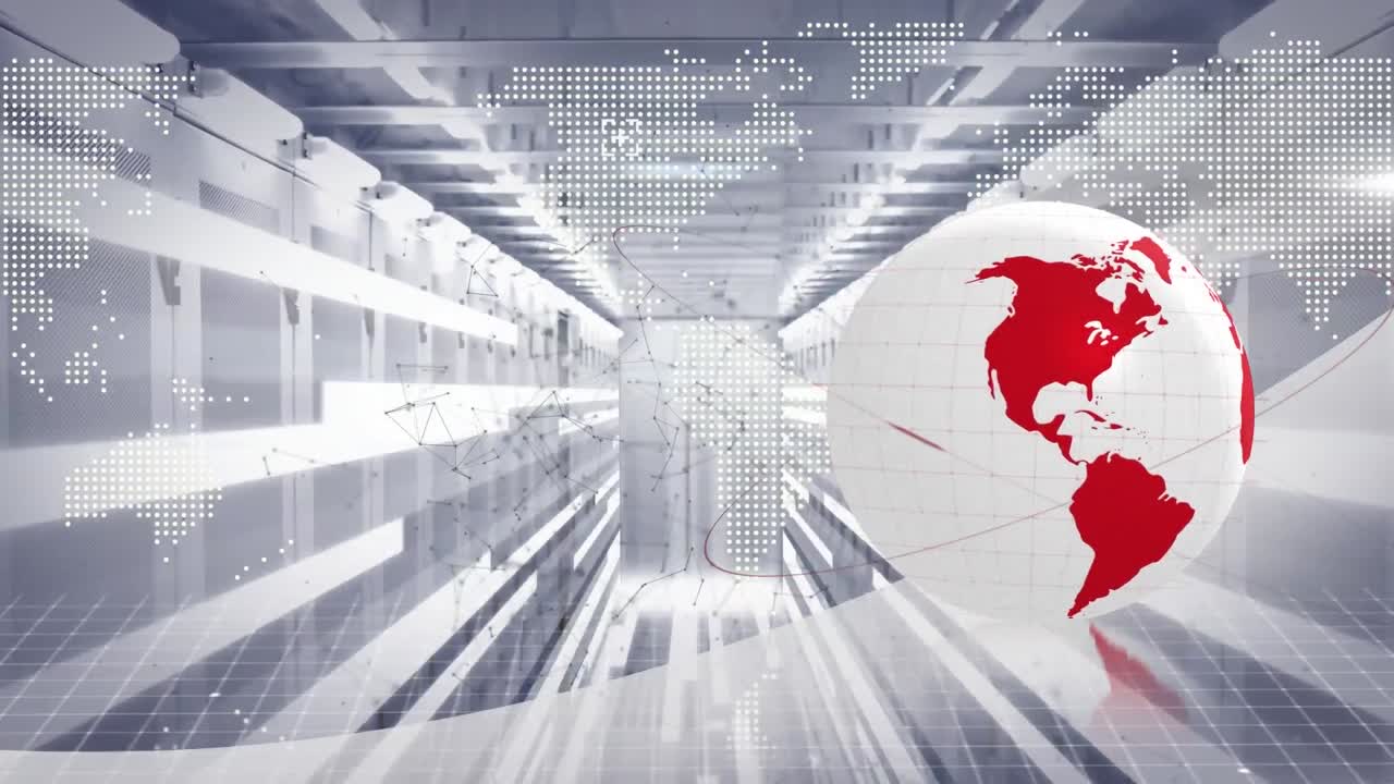 지구의 애니메이션, 연결 네트워크 및 컴퓨터 서버를 통한 데이터 처리