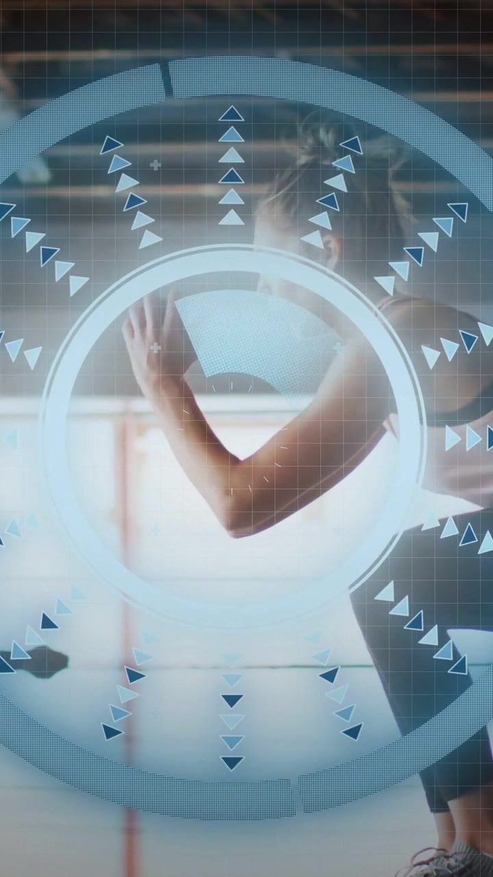 Vertical video: Male reaching HUD, female performing squats, HUD markers tracking reps for fitness