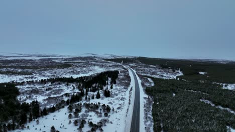 Vuela-Sobre-Un-Camino-Interminable-Con-Un-Bosque-Cubierto-De-Nieve-En-El-Sur-De-Islandia
