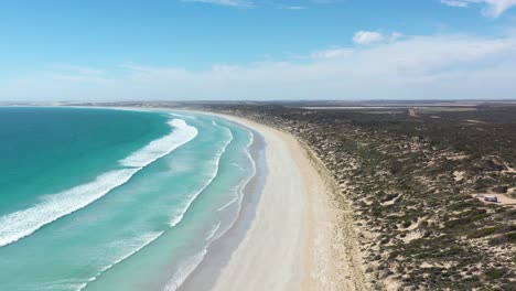 Excelente-Toma-Aérea-De-Olas-Rodando-Lentamente-Hacia-La-Playa-De-Surfistas-En-Streay-Bay,-Península-De-Eyre,-Sur-De-Australia