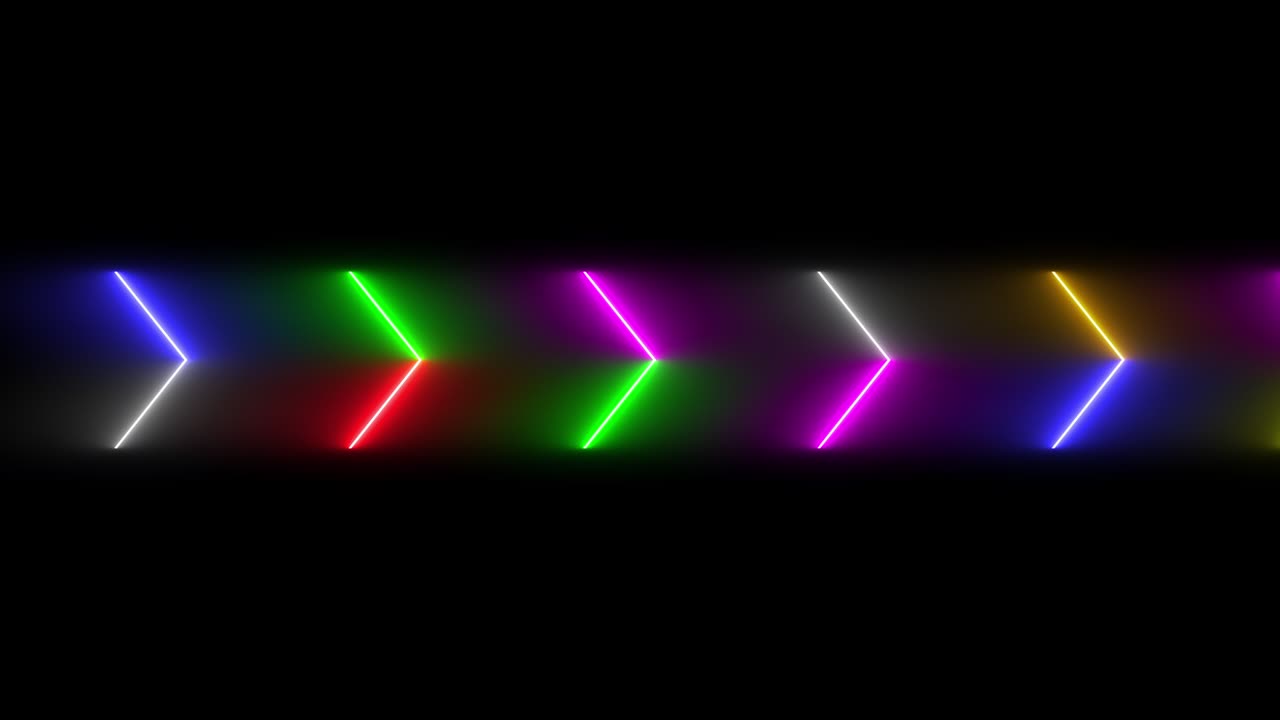 Animazione in loop colorata e astratta con movimento sfocato di una linea al neon luminosa e lampeggiante a forma di punta di freccia, che si muove casualmente su uno sfondo nero