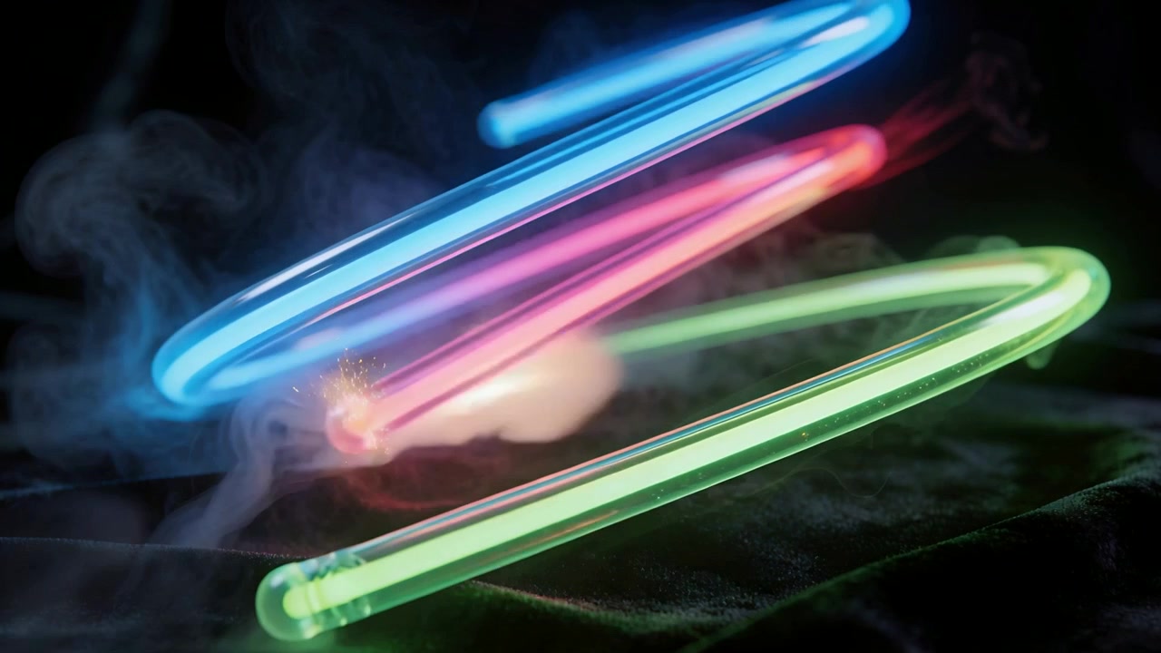 Responding to rising glow and smoke, three blue pink green tubes spiraling above velvet cloth