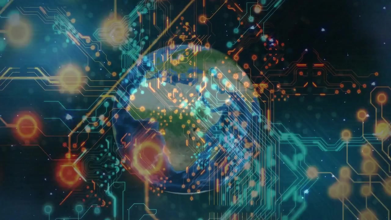 Neon devrelerin belirdiği, sinyallerin aktığı, dönen ve küresel bağlantıyı gösteren açılan bir küre