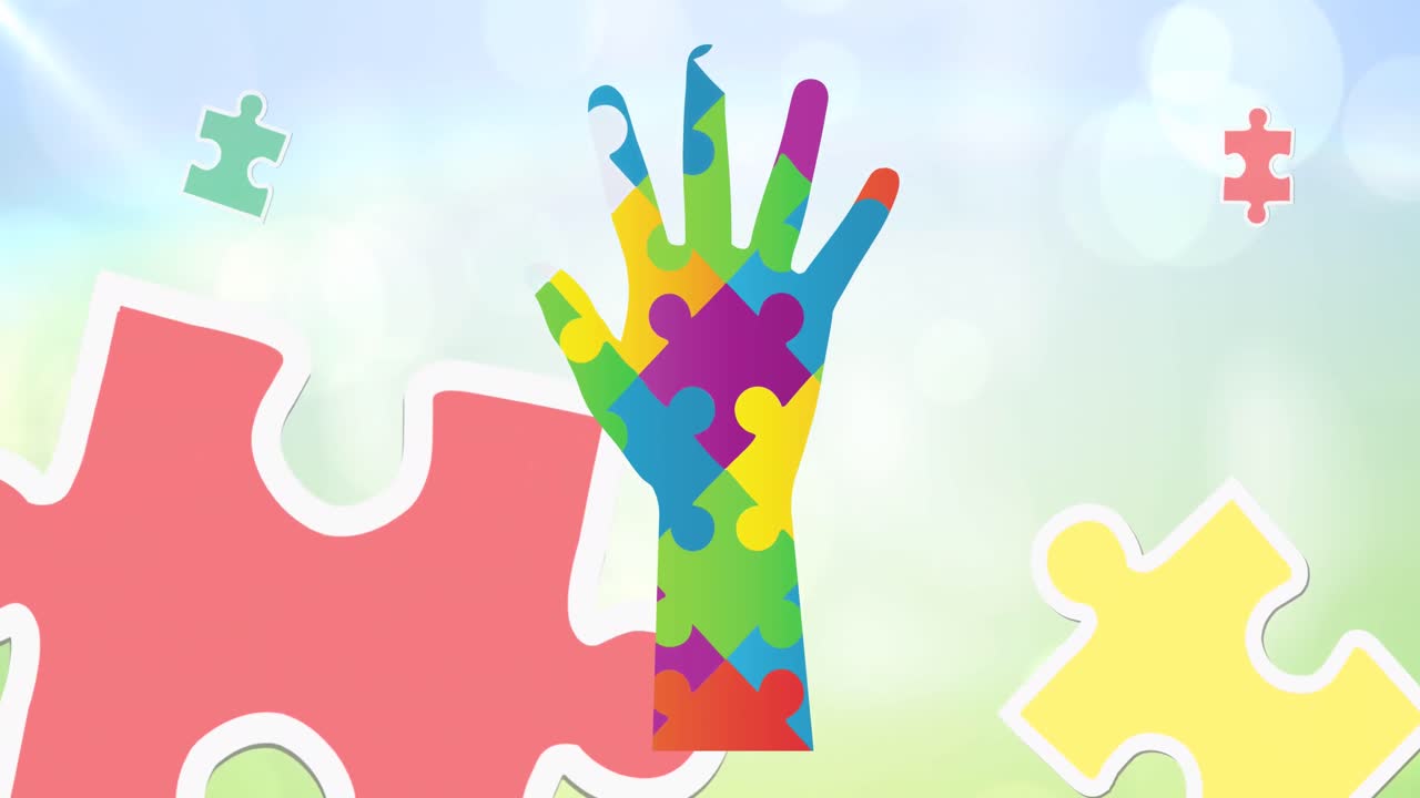 하늘 위에서 손을 형성하는 다채로운 퍼즐 조각의 애니메이션