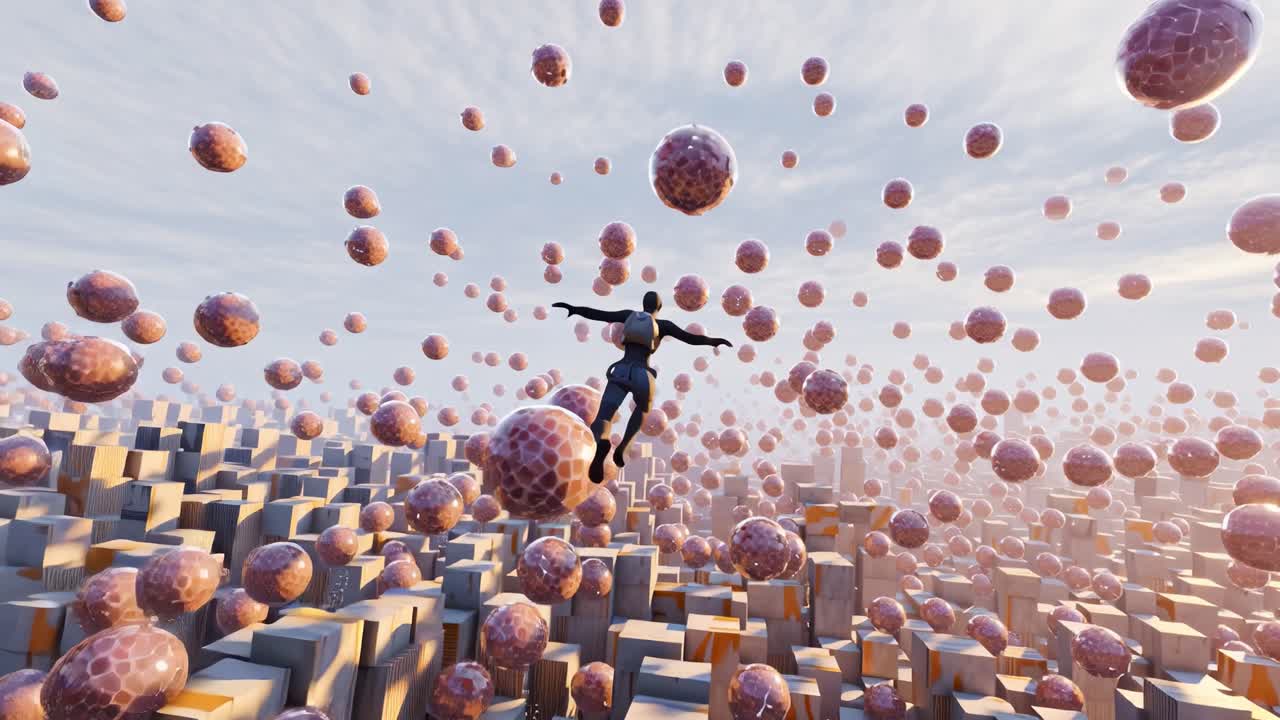 Surreal Exploration of a Floating Cityscape Filled with Pulsating Particles, Combining Elements of Nature and Fantasy in an Otherworldly Landscape