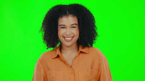 face, green screen and woman with smile