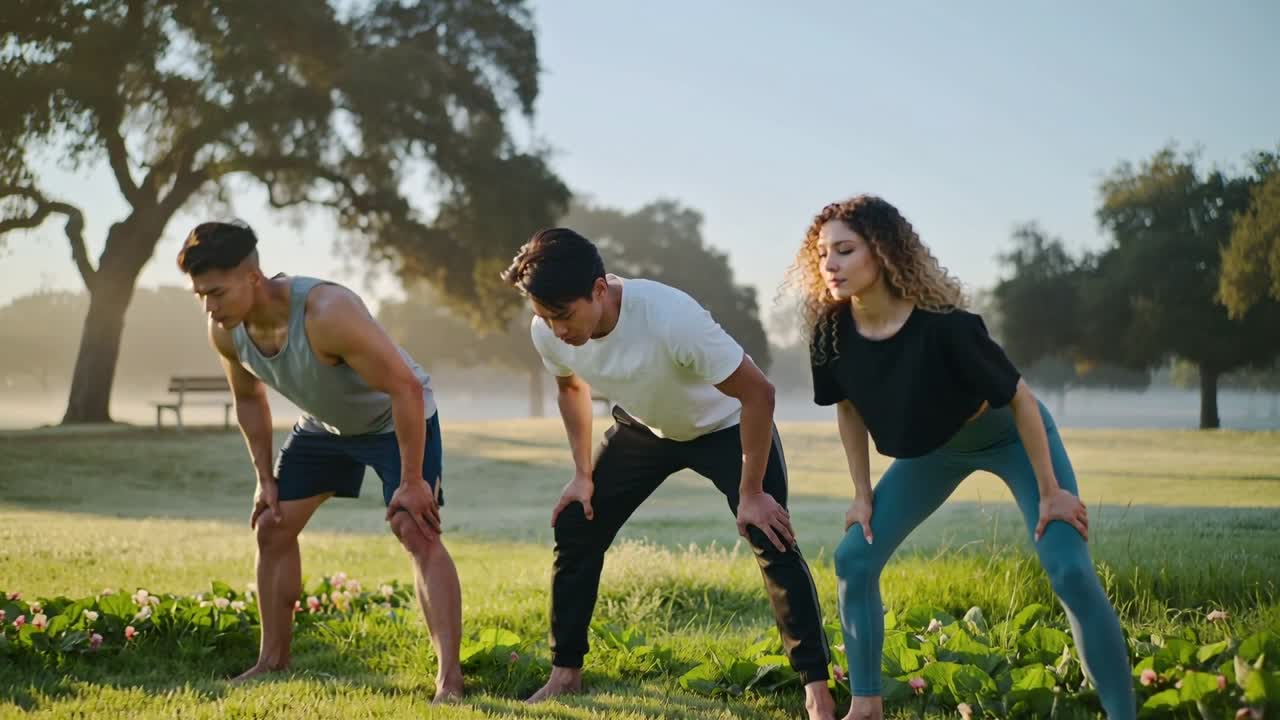 Tres adultos haciendo sentadilla frontal en un parque, el amanecer marcando el calentamiento y el inicio de estadísticas de fitness animadas.