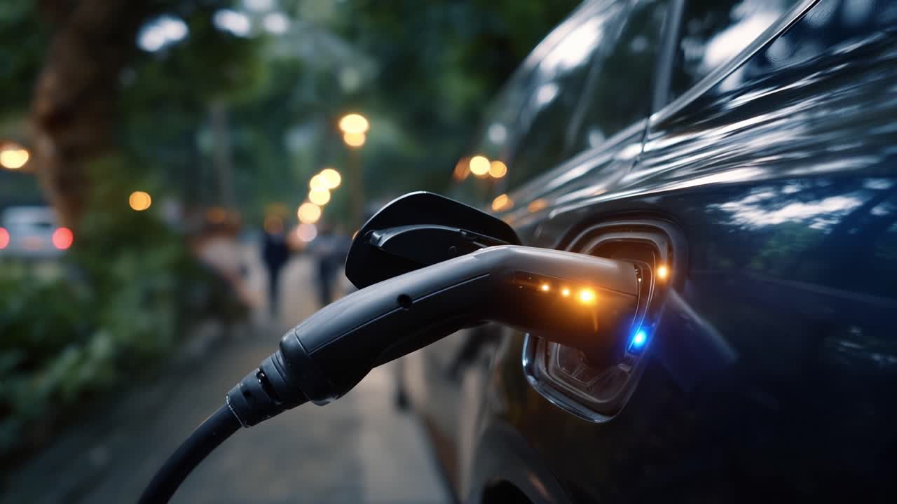 Carro Elétrico Carregando com Cabo de Alimentação à Noite