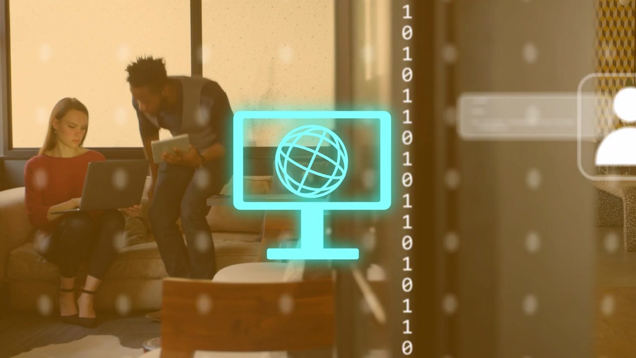 Onscreen prompts appearing, man tapping tablet, sharing with woman as tech UI animating on glass