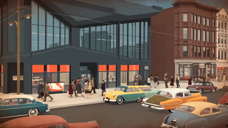 a vibrant mid-century street scene with classic cars and pedestrians