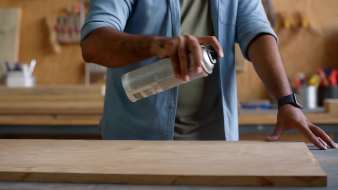 Una vista ravvicinata mostra una mano che guida una bomboletta spray metallica in passaggi ripetuti sopra una tavola di legno liscia mentre l'altra mano poggia sul banco da lavoro, con legname e attrezzi riposti leggermente sfocati sullo sfondo