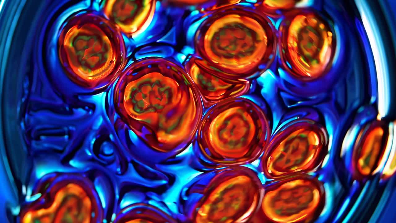 Close-up, top-down view of vibrant orange capsules in blue liquid, creating a dynamic, abstract