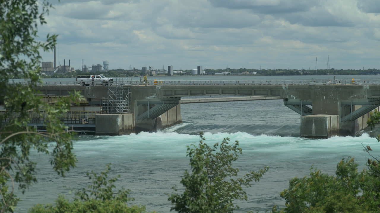 Close shot of the International Dam on the Niagara River between Canada and the USA.