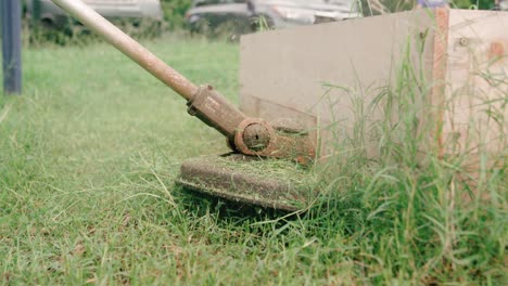 Close-up-of-a-brushcutter-with-String-Trimmer-Head-cutting-the-grass,-gardening-concept-with-selective-focus