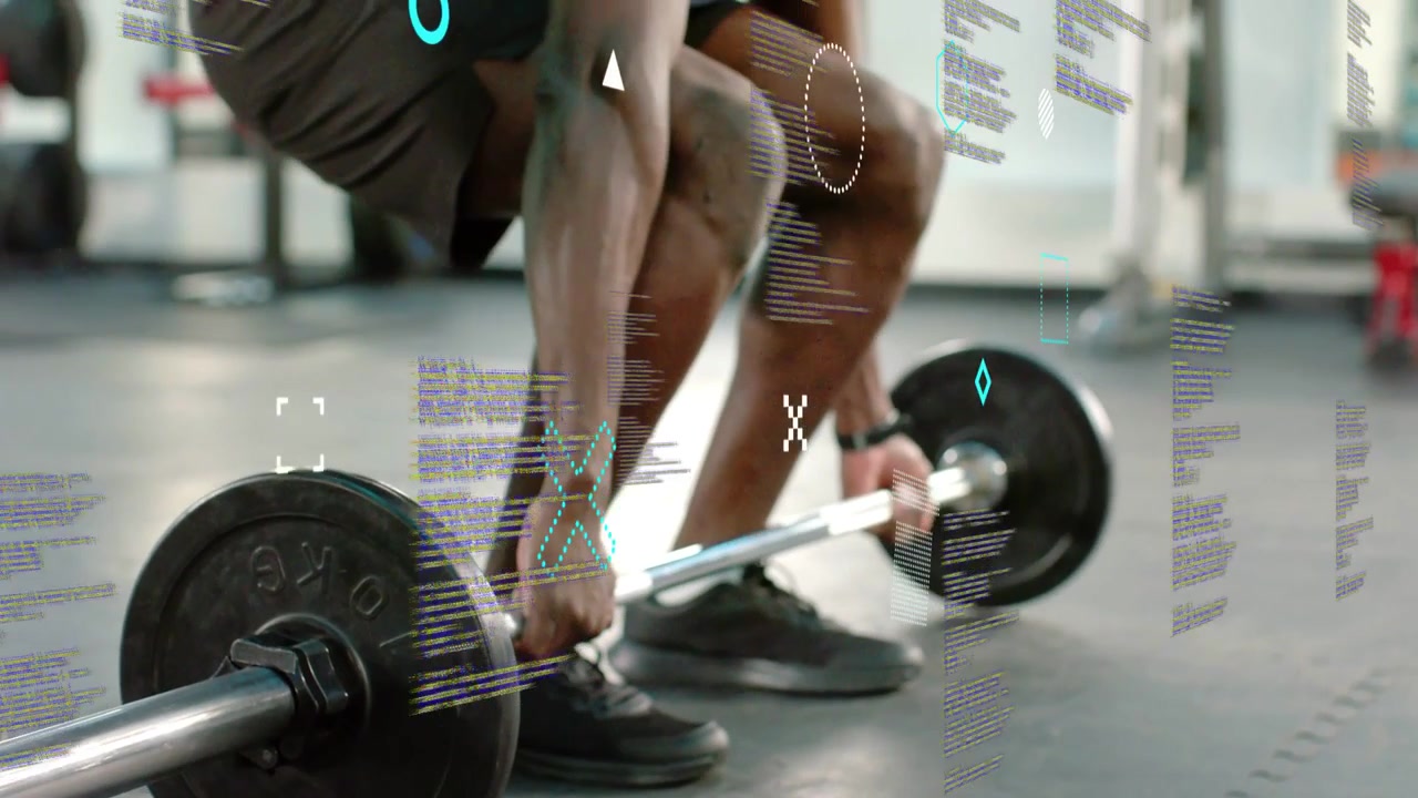 Vertical video: Gym lifter squatting, deadlifting bar for gains as HUD tracking form spotter nearby