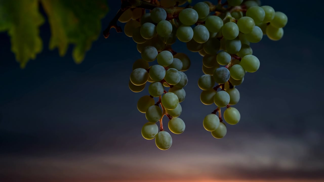 Due grappoli d'uva verde maturi pendono da esili steli di vite contro un cielo crepuscolare profondo, con una calda luce di contorno, un morbido bagliore all'orizzonte, texture naturale e un'atmosfera calma da vigneto