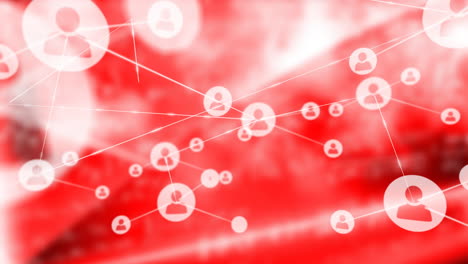 animación de la red de iconos de usuarios conectados sobre un fondo abstracto rojo